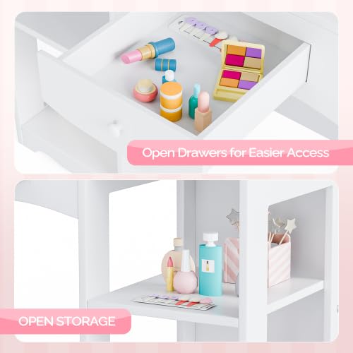 Bonnlo Coiffeuse pour Enfants 2 en 1, Meuble de Maquillage en Bois avec Mirror Amovible et Tabouret à Trois Volets, avec 4pcs Compartiments de Stockage, Coiffeuse Princesse, 104 * 38 * 55cm, Blanc
