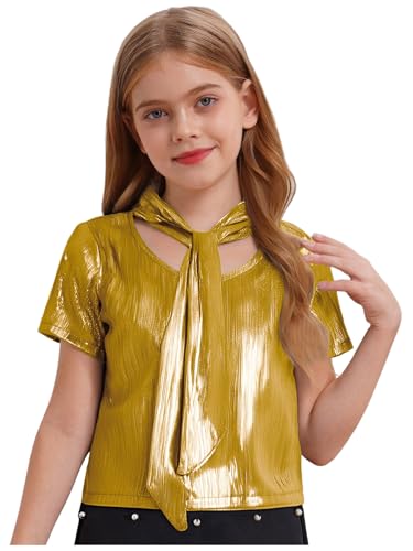 CHICTRY Metallic Maglietta Bambina Ragazza T-Shirt a Manica Corta Maglia Scollo Tondo con Lacci Top da Ballo di Strada Jazz Danza Moderna Performance Oro 10-14 Anni