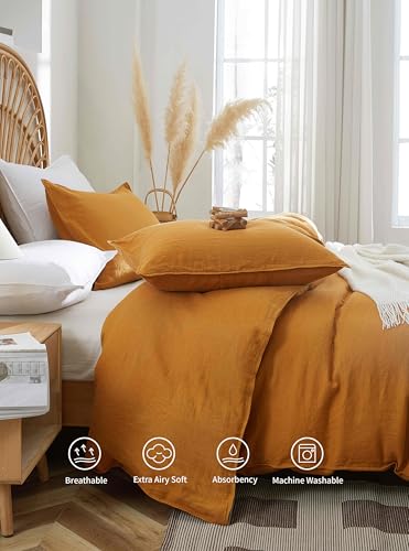 AORISSI 100% French Flax Linen Duvet Cover Set, King Size 104''x90'' 3 Pcs with 8 Corner Ties and Button Closure, Soft and Breathable for All Season(Rust, King) — view 3