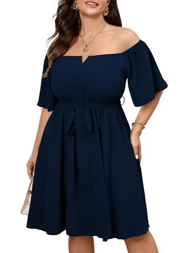 Image of SCOMCHIC Womens Plus Size Cocktail Dress Summer Off Shoulder Short Sleeve Flowy Ruffle A-Line Cute Mini Dress with Belt