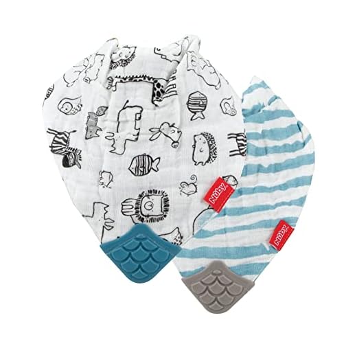 Nuby 100% Natural Cotton Muslin Bib - Bib with Teething Corner (2-Pack) 3+ Months - Zoo
