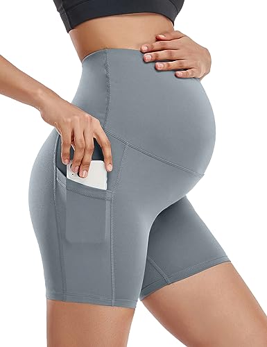 Image of HOFISH Maternity Shorts for Women Over The Belly Pregancy Biker Shorts Workout Active Running Short Pants with Pockets
