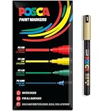 Posca Pennarelli a vernice acrilica a base d'acqua, penna permanente per uso multi superficie, confezione da 1 in confezione regalo | vetro, tessuto, tela, legno, ecc. PC-1MR, oro