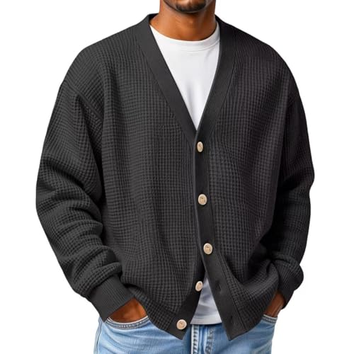 Image of Mens Cardigan Sweater Long Sleeve, Casual V Neck Button down Waffle Knitted Sweater, Waffle Cardigan Sweaters for Men (Black,4XL)