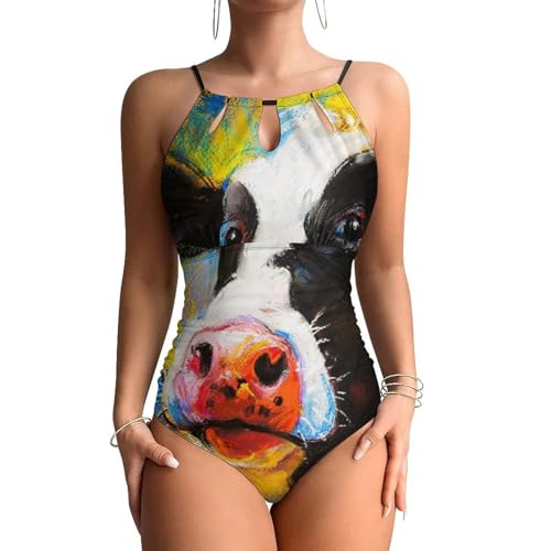Maillots de bain une pièce contrôle ventre à motif vache peinte artistique