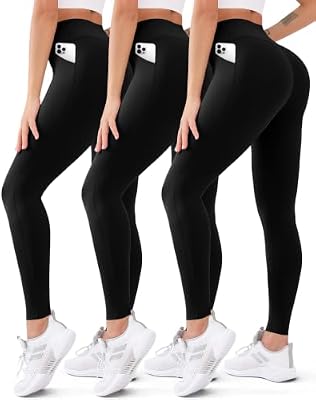 High Waisted Yoga Leggings (3 Pack) - Tummy Control Workout Pants with Pockets, Squat-Proof & Moistu...