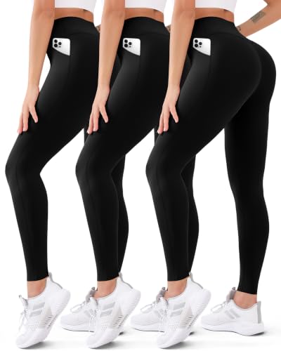 High Waisted Yoga Leggings (3 Pack) - Tummy Control Workout Pants with Pockets, Squat-Proof & Moisture-Wicking