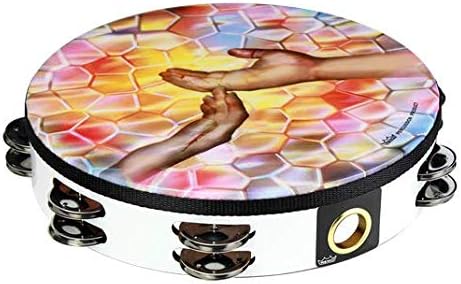 Remo World Percussion Praise Tambourine 10" Double Row, Design: Touching Hands, Acousticon Frame, White, 8 Jingle works