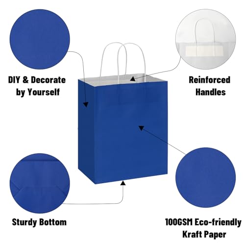 Toovip 50 Pack 8x4.75x10 Inch Medium Royal Blue Kraft Paper Bags with Handles Bulk, Gift Wrap Bags for Favor Grocery Retail Party Birthday Shopping Business Goody Craft Merchandise Take Out sacks by Toovip - Used condition - Image 3