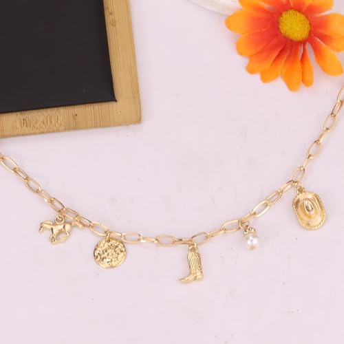 Western Cowboy Necklaces for Women Trendy Cowgirl Hat Boots Charm Gold Chain Necklace Western Cowgirl Costume Jewelry Cowboy Hat Boot Pendant Necklace for Women2