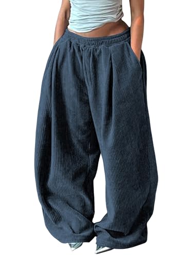 ZAFUL Women's Corduroy Pants Baggy High Waisted Wide Leg Pants Retro Loose Fit Casual Trousers with Pockets Navy Blue