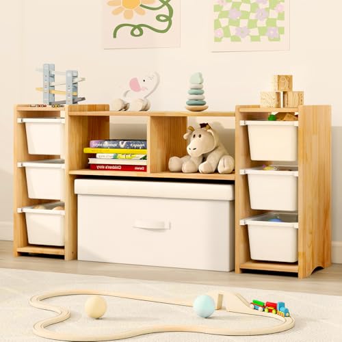 MallBest Montessori Shelf for Kids - 100% Solid Pine Wood with 6 Removable Plastic Bins, Toy Storage Organizer Cabinet for Playroom, Bedroom & Nursery (Natural) by MallBest - Used condition - US$113.99