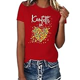 Gestreiftes Karnevals-T-Shirt, festliches Grafik-T-Shirt, bequemes Freizeit-Top für Damen(Rot,S)