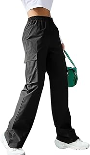 Leriya Fashion Women Poly Lycra High Waist Cargo Pants | Elastic Waist Wide Leg Baggy Trousers for Women | Multi Pocket Ca...