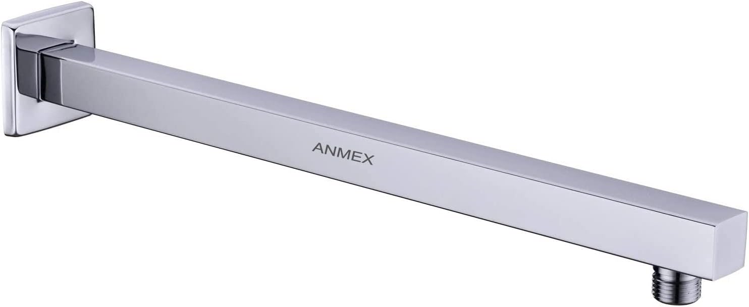 ANMEX® Shower Arm with Flange Wall Mounted Extension Arm for Bathroom Rainfall Shower Head, Stainless Steel, Square Shaped (18 Inches, Chrome)