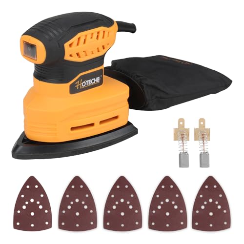 Hoteche Ponceuse delta 160 W - Puissante ponceuse pour bois, meubles et bricolage - 13000 tr/min - Auto-aspiration - Plaque 140 x 140 x 80 mm - Avec brosses en...