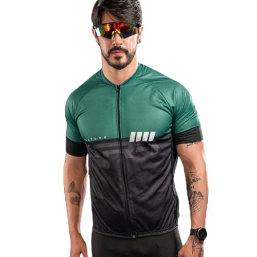 Camisa Premium de Ciclismo Masculina, Manga Curta, Verde e Preto, com Zíper Total e Bolsos Traseiros