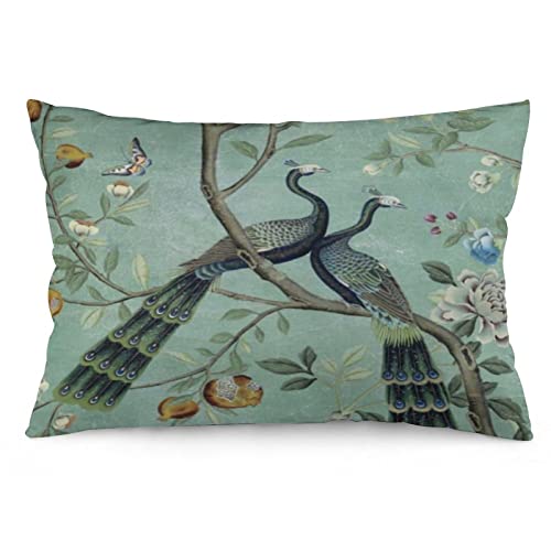 Synthwave - Fundas de almohada decorativas de chinoiserie verde azulado de dos pájaros, 12 x 20 pulgadas, decoración del hogar, almohada estética para dormitorio, sala de estar, dormitorio, sofá, cama
