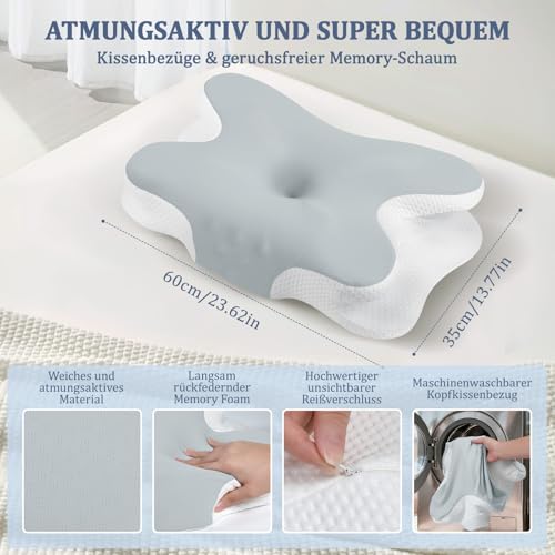 Untimaty Nackenkissen - Orthopädisches Kopfkissen aus Memory Foam, Ergonomisches Kopfkissen gegen Nackenschmerzen für Seitenschläfer, Rückenschläfer und Bauchschläfer mit Eisseiden Bezug(Grau)