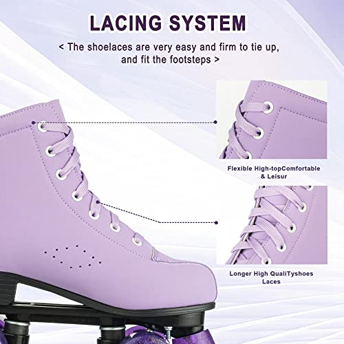 Yyw Women's Roller Skates Leather High Top Double Row Skates Four-Wheel Shiny Roller Skates Perfect Indoor Outdoor Adult Roller Skates (Purple Flashing Wheel,38) #TOP5