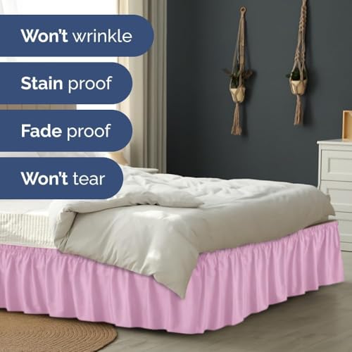 Image of Bed Skirt - Wrap Around Dust Ruffle Bed Frame Cover with Easy Fit Elastic Strap, King Size 18 Inch Drop, Microfiber Pleated, Machine Washable | Light Pink