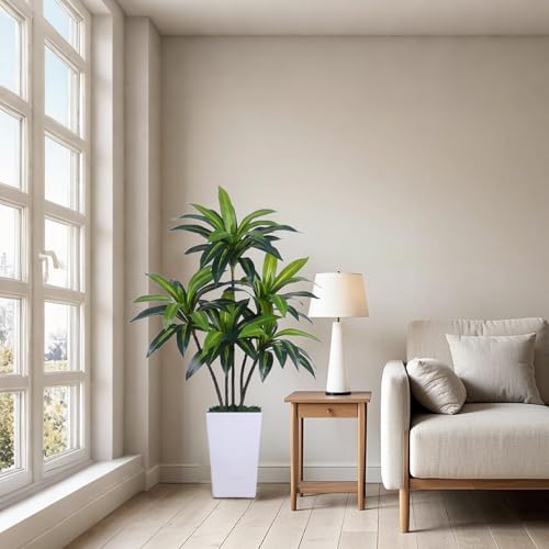 Curtainboro Artificial Dracaena Tree,5ft Artificial Plants with White Planter, Large Artificial Dracaena Plant with Adjustable Branches and Leaves Indoor Decor Artificial Trees for Office Home Porch,A
