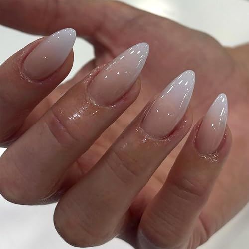 Goiern 24 uñas postizas degradadas con diseño de Stiletto, color blanco brillante, uñas postizas, uñas de gel, pegamento degradado, manicura, uñas acrílicas artificiales, medianas, almendras