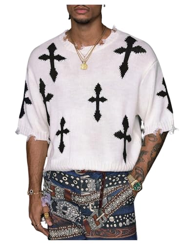 Men's Gothic Short Sleeve Sweater Cross Graphic Raw Trim Y2K Knit Pullover Top Streetwear