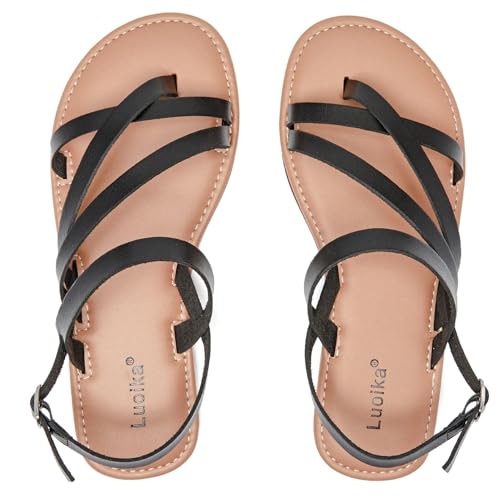 Image of Luoika Women's Wide Width Flat Sandals, Flip Flop Casual Strapy Sandals Slip on Summer Beach Shoes for Women.