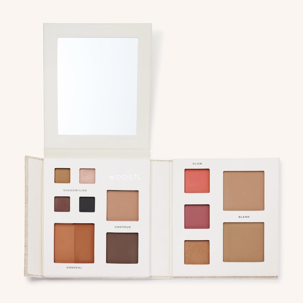 Woosh Beauty Fold Out Face Refillable Makeup Palette for Women – Limited Edition Linen All-in-One Face Kit with Foundation, Concealer, Contour, Blush, Highlighter & Eyeshadow
