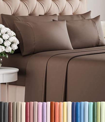 Image of Queen 6 Piece Bed Sheet Set - Comfy, Breathable & Cooling Sheets - Brown | Ultra-Soft Hotel Luxury Bedding Set w / 8-16 Inch Deep Pockets, 1 Flat & 1 Fitted Sheet & 4 Pillowcases, Wrinkle & Fade Free