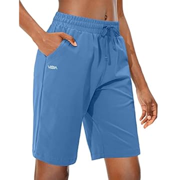 Viodia Bermuda feminina de 25,4 cm com bolsos, shorts de algodão, comprimento até o joelho, para o verão, Azul, XGG