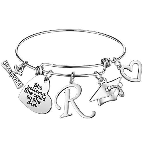 2022 Graduation Bracelet Gift For Her, Inspirational Initial Bangle Gift With Box, High School College Graduation Friendship Gifts Bracelet For Girls (R) #TOP30