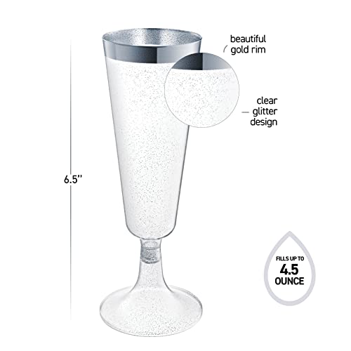 Plastic Champagne Flutes Disposable - Silver Glitter With A Silver Rim - [1 Box Of 48] 4.5 Oz Premium Toasting Flutes, Elegant Stylish Mimosa Glasses For Weddings Anniversaries And Catered Events #TOP1