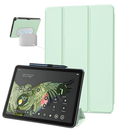 SSSGRGB Case for 11-inch Google Pixel Tablet 2023 Release Adjustable Viewing Angle Protective Trifold Stand Slim Cover with Pencil Holder Compatible with Charging Speaker Dock (Light Green)
