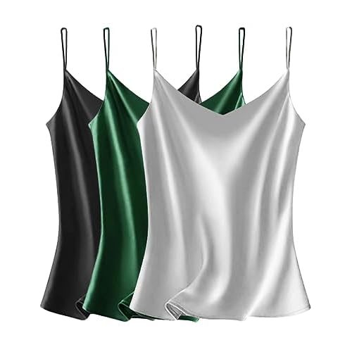 VIDUSSA Sexy Tank Tops Womens Satin Cami Top Pack V Neck Camisole Spaghetti Strap Tank Loose Sleeveless Blouses Large 3 Pack: Black+grey+dark Green