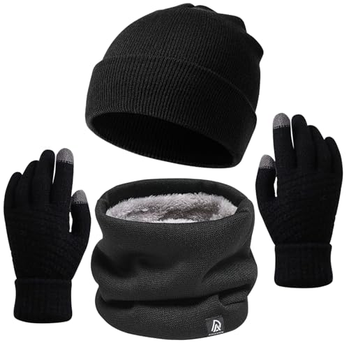 La Mejor Selección de Set de bufanda, gorro y guantes para Hombre favoritos de las personas. 50 3pcs Gorro y Bufanda de Negro Invierno Termicos y Guantes Termicos para Hombre,Gorros de Tejido de Punto y Bufandas de Frio para Mujer,Gorro y Bufanda de Invierno,Regalos para...