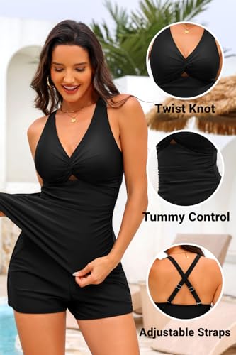 Image of Women Tankini Swimsuit with Shorts Two Piece Tummy Control Bathing Suit | Pockets,Tummy Control,Removable Bra Pads,Quick Dry,Adjustable Shoulder Straps