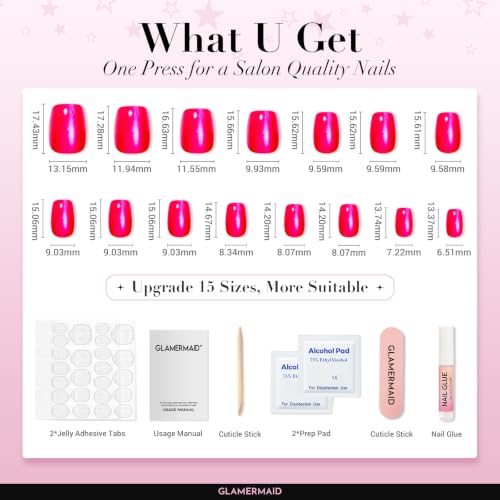 GLAMERMAID Hot Pink Cat Eye Press on Nails Short, Fake Nails Round Sqaure — view 4