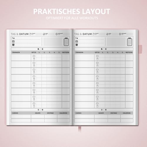 BIROYAL Trainingstagebuch Deutsch für Frauen mit 186 Workout für dein Krafttraining - Rosa Undatierte Trainingsbuch - A5 Fitness Journal for Women - Abnehmtagebuch - Workout Planer für Gewichtsverlust