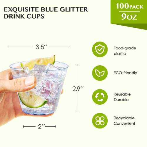 Jolly Chef 100 Pack 9Oz Blue Plastic Cups, Blue Disposable Cups Tumblers, Elegant Blue Glitter Party Cups, Drinking Cups Perfect For Wedding,Thanksgiving Day, Christmas Halloween Party #TOP5