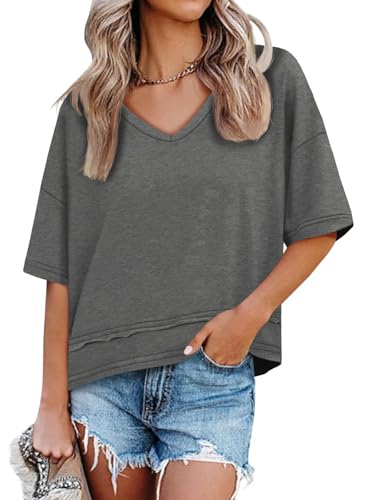 Image of UNCLECAT Womens V Neck T Shirts Summer Trendy Loose Fit Casual Tops Tees