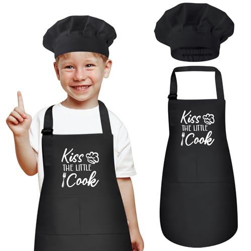 XLSXEXCL Kids Apron and Chef Hat Set, “Kiss The Little Cook” Apron Adjustable Child Apron Chef in Training Funny Apron with 2 Pockets for Boys and Girls (Black)