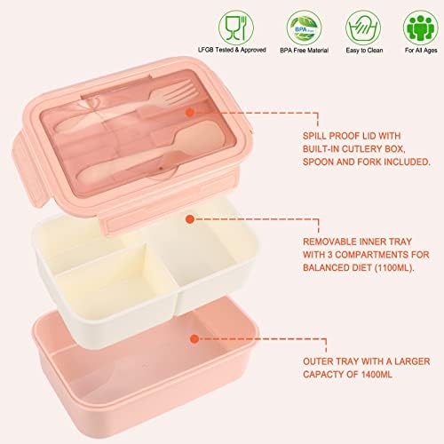 Cooja Bento Lunch Box Adults Kids with 3 Compartments, 1400ML Lunchbox Lunch Containers for Work Leak-Proof Sandwich Box Microwave Safe Built in Cutlery Set Spoon & Fork, Pink