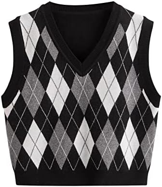 Milumia Girl's Casual Argyle Plaid Sweater Vest Round Neck Sleeveless Crop Top Black and Grey 11-12 Years