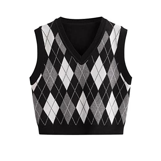 Milumia Girl's Casual Argyle Plaid Sweater Vest Round Neck Sleeveless Crop Top Black and Grey 11-12 Years
