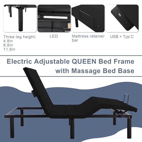 Fromann Adjustable Electric Bed Base Frame with Massage,Wireless Remote, USB Type-C Ports, Zero Gravity, Under Bed Led Lighting and Three Leg Height (Black, Queen)
