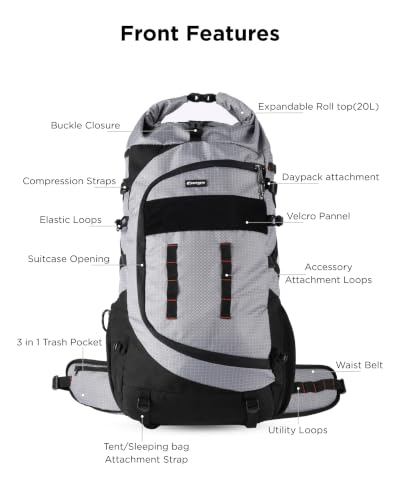 Image of CarryPro NOMAD 65L+ Travel Backpack Large Capacity Hiking & Travel Rucksack Durable Water Resistant Multi Compartment Trekking Bag with Padded Shoulder & Back Support
