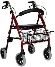 LR 56 Lightweight Rollator with Seat Including Shopping Basket and Walking Stick Holder with Latest Folding Technology and Height Adjustment (56 cm, Red)