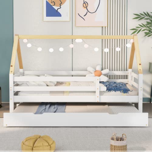 Merax Lit cabane pour enfant avec lit gigogne, lit coulissant avec roulettes, en bois massif, blanc et naturel, 90 x 200 cm et 90 x 190 cm